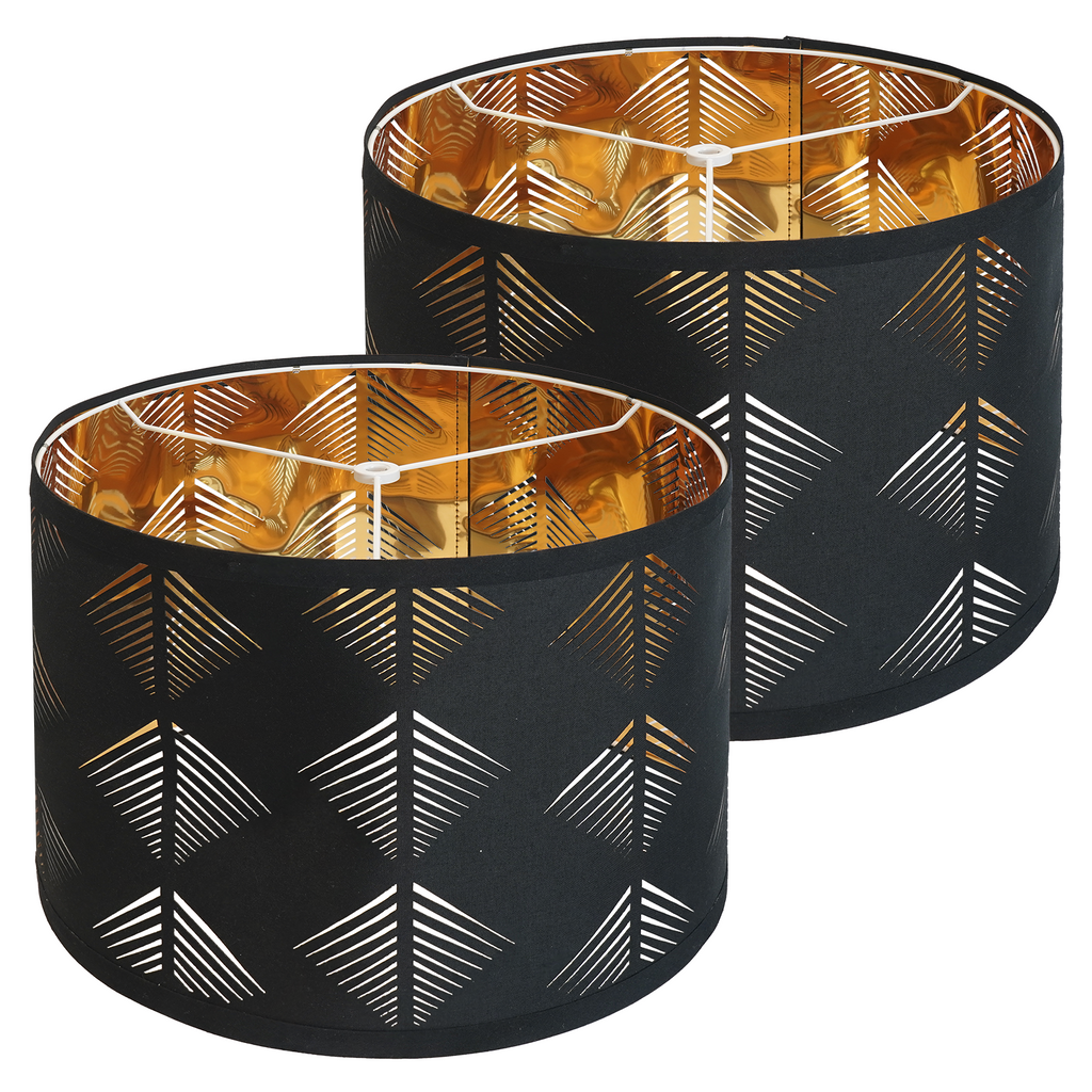 Black Cutout Lampshades Set of 2, 13"×10" Drum Shades with Gold Inner Lining, Spider Fitter for Table & Floor Lamps