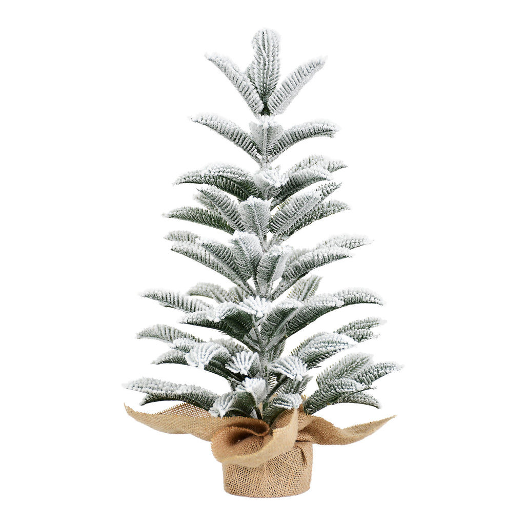 20" Mini Flocked Christmas Tree with Burlap Base, Small Artificial Snowy Tabletop Tree for Small Spaces & Indoor Holiday Decor.
