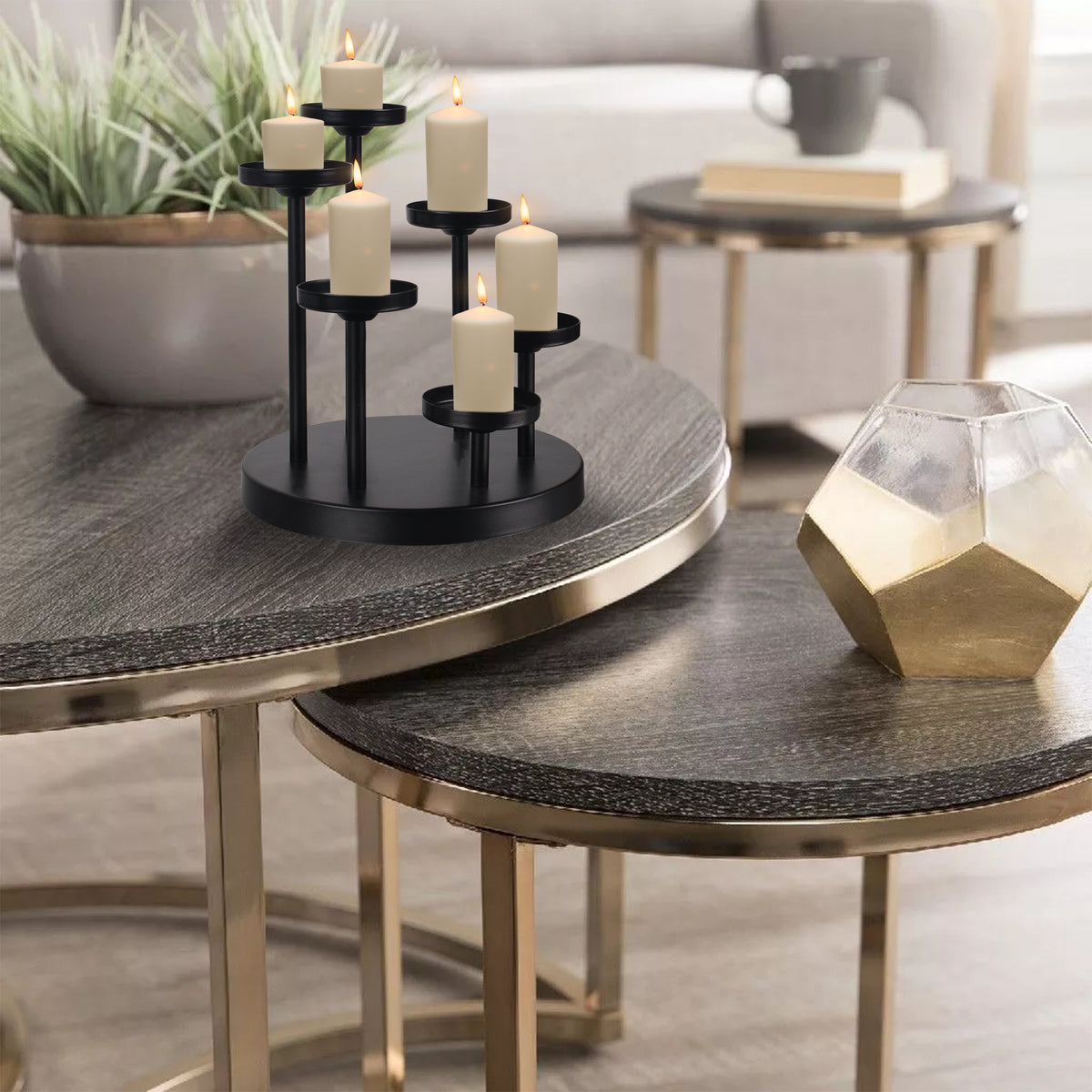 6-Arms Black Metal Tealight Candle Holder Tray, Set of 6 Candlestick Holders, Table Centerpiece Decor for Dining Room
