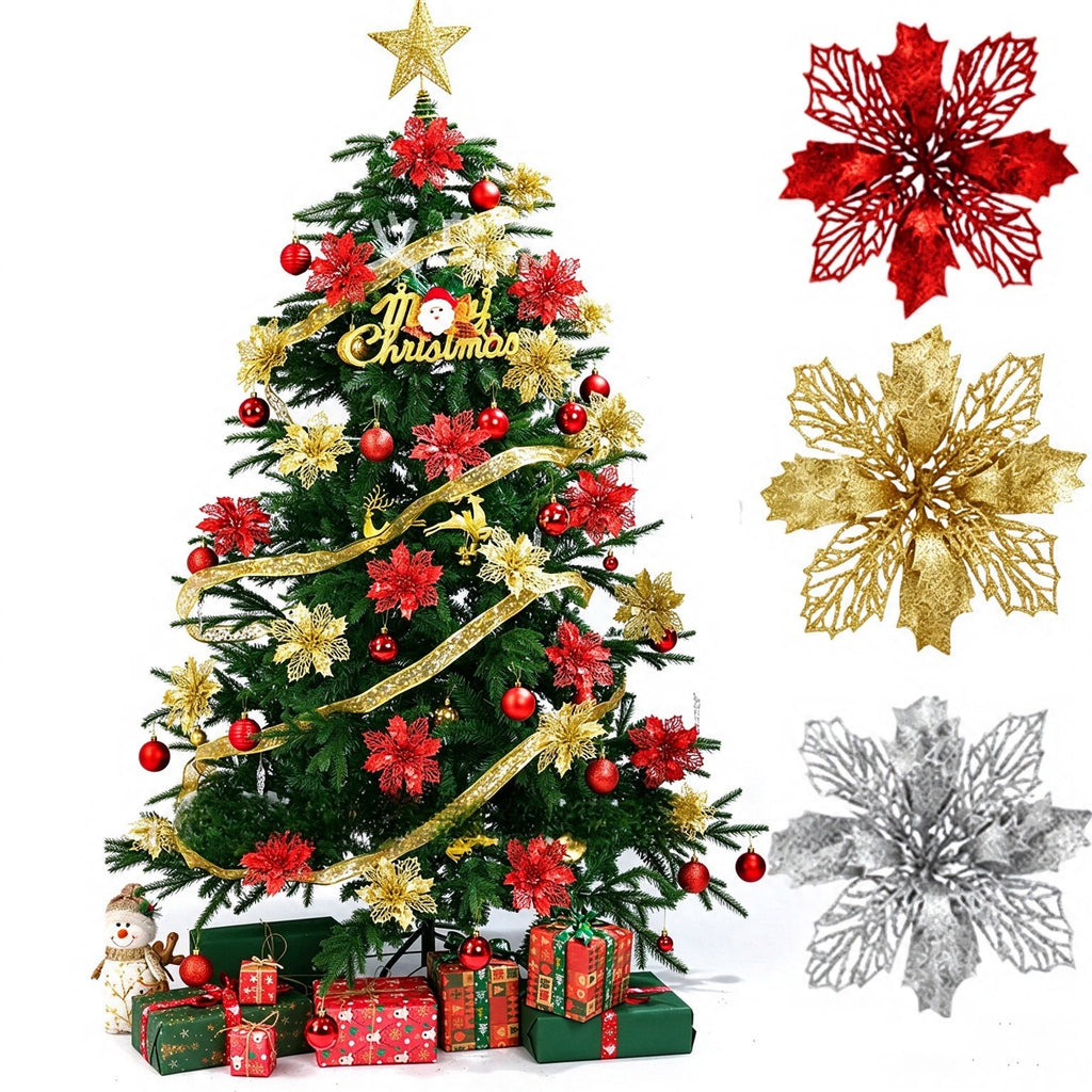 16-Piece 5.9 in Red Glitter Poinsettia Flowers, Clip-On Artificial Christmas Tree Ornaments, Floral Decor for Garland and Home