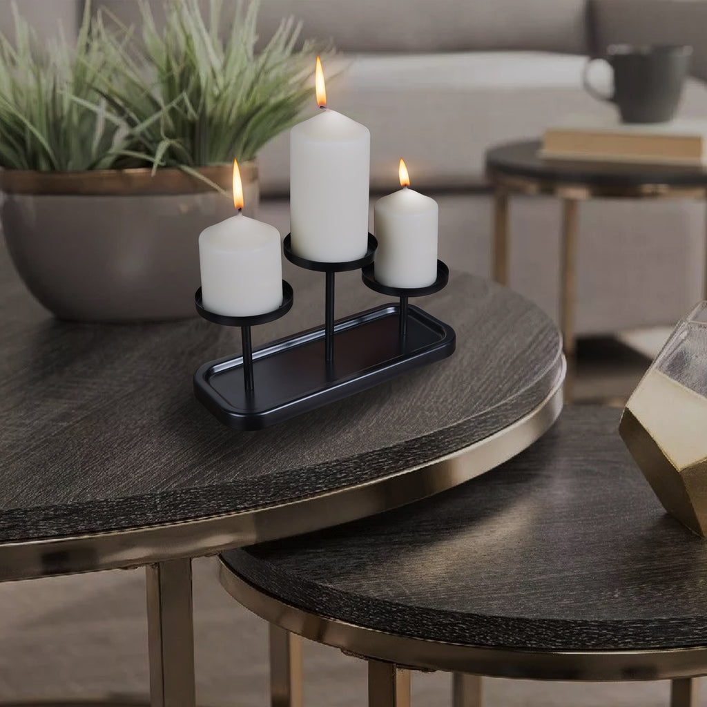 3-Arms Black Metal Pillar Candle Holder Tray, Set of 3 Candlestick Holders, Table Centerpiece Decor for Dining Room