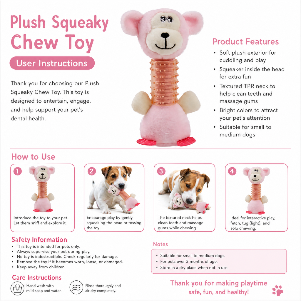 Plush Squeaky Dog Chew Toy with Textured TPR Neck, Pink Monkey Teething Toy for Small & Medium Dogs, 9.45 in