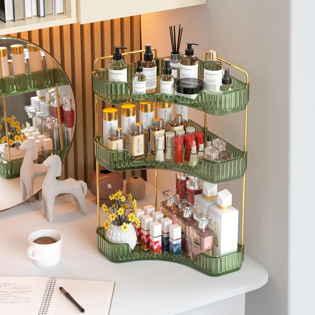 3 Tier Corner Bathroom Counter Organizer, Vanity Makeup & Perfume Storage Shelf, Countertop Skincare Display Stand Holder for Women, Green