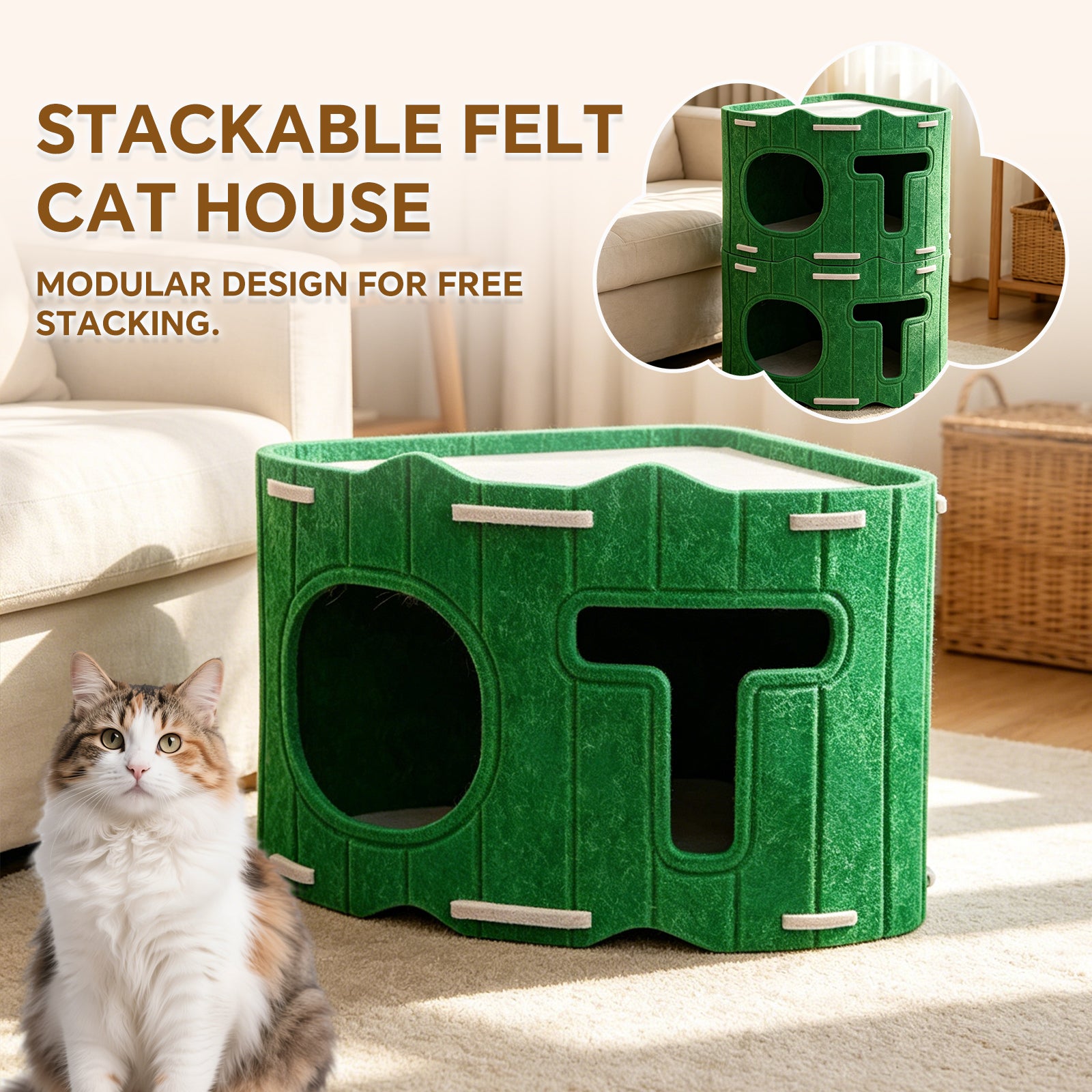 Warm Wool Cat Cave, Comfortable Pet Nest, Soft Cushion with Durable Felt, Double Opening Pets Bed for Indoor Outdoor Use, House with Trendy Design, Pet Shelter for Bedroom Living Room