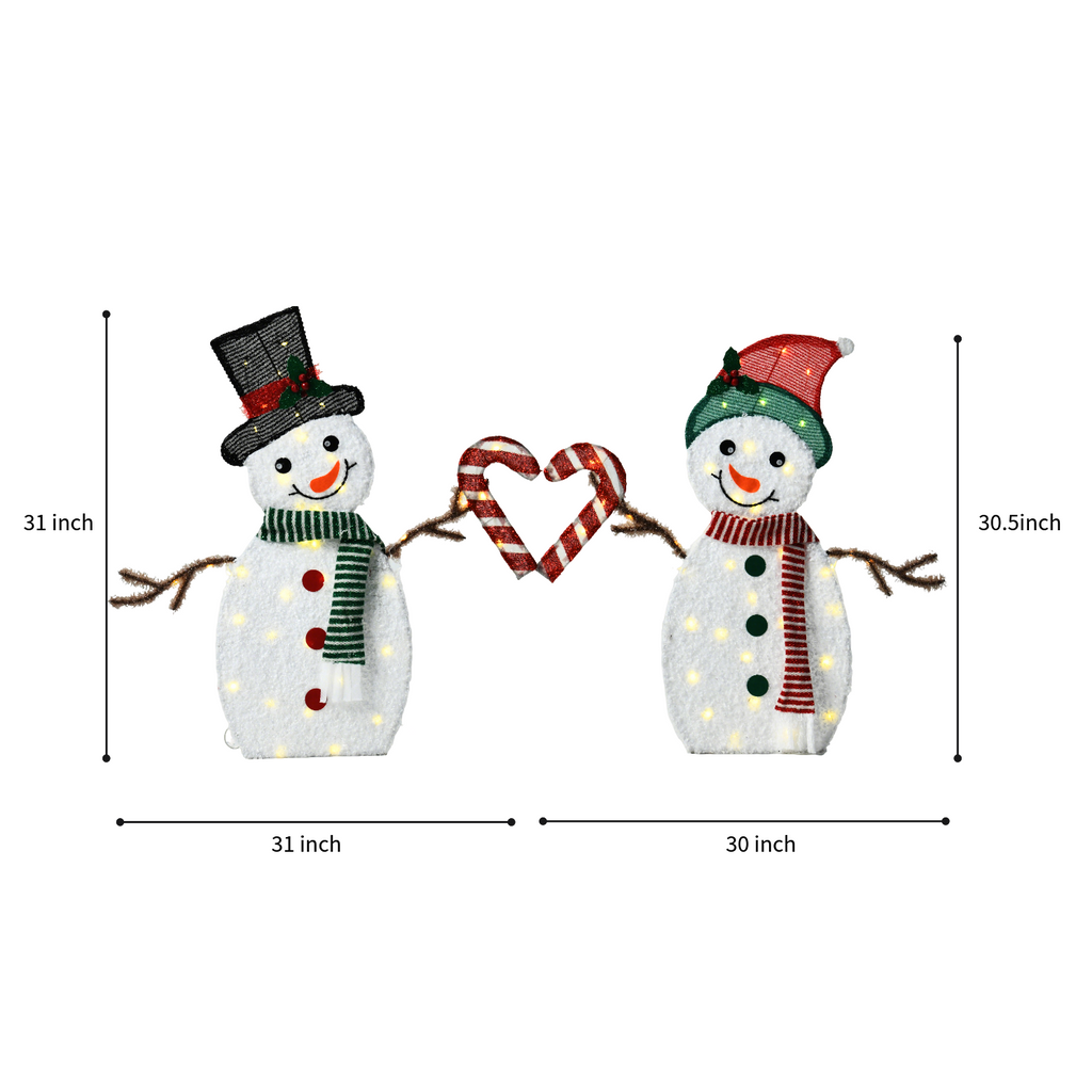30 Inch Set of 2 Lighted Snowman Couple Christmas Decorations, 2D Tinsel Snowmen with Heart Candy Cane, Plug-in Light Up for Indoor Outdoor Xmas Winter Yard Lawn Garden Decor