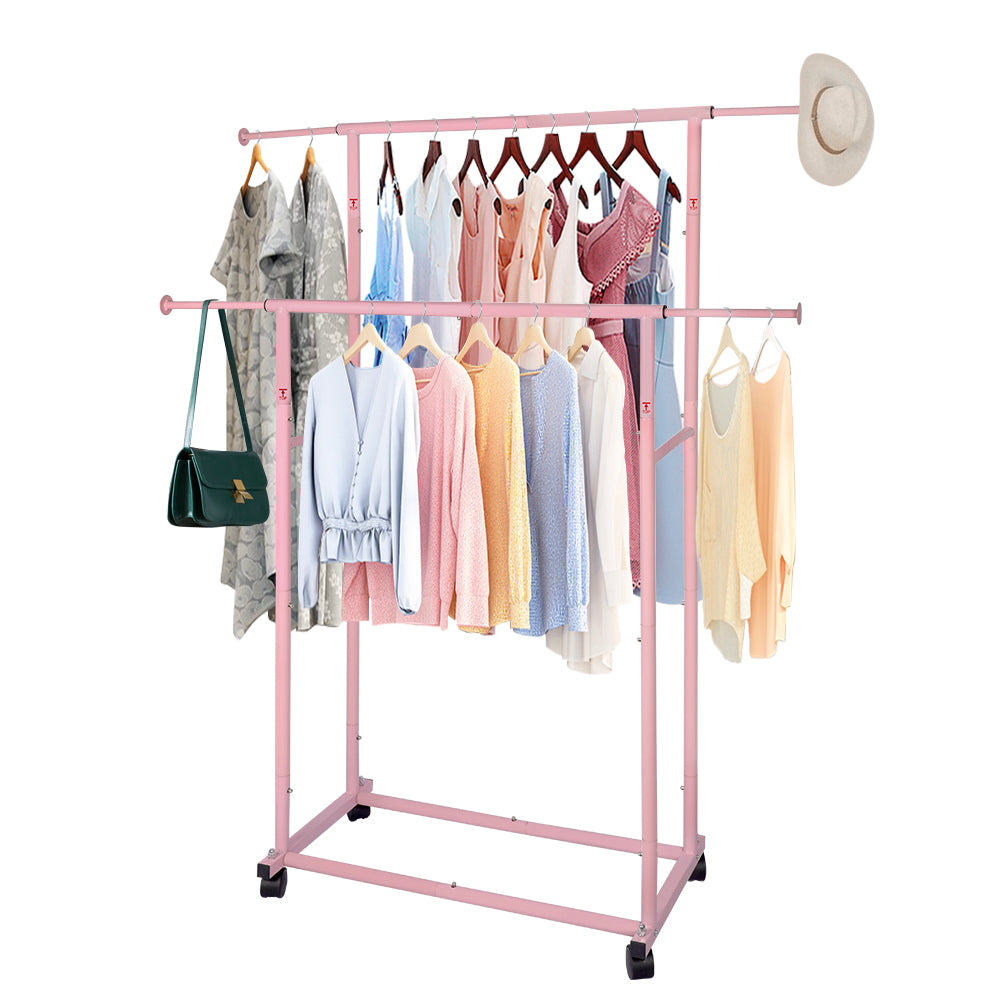 Pink Double Rod Garment Rack with Wheels, Heavy Duty Metal Clothes Rack Holds Up to 200 lbs, Adjustable Clothing Rack with Bottom Shelf and Side Hooks