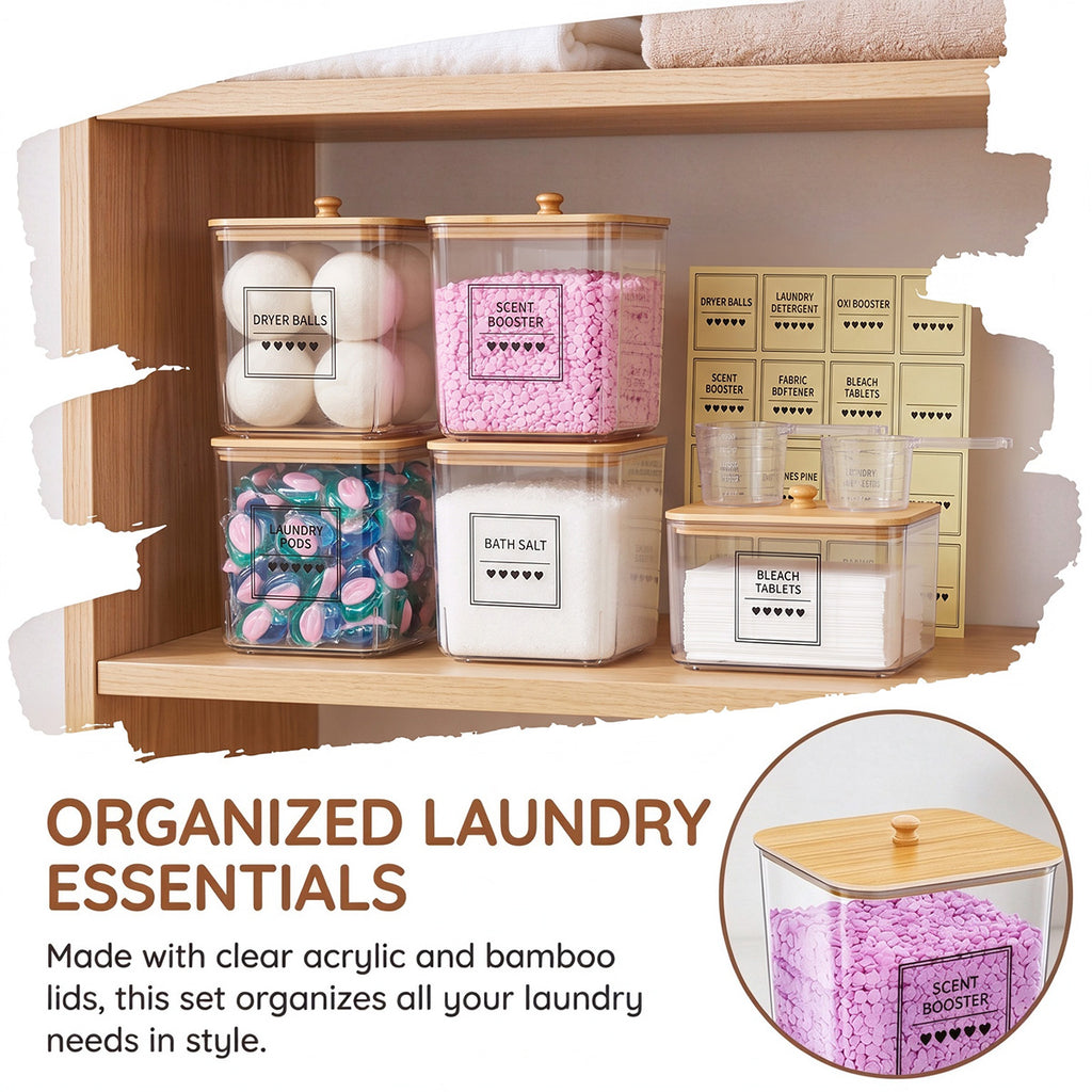 5-Piece Laundry Storage Container Set with Wooden Lids, Clear Acrylic Detergent and Laundry Pod Organizers with Labels