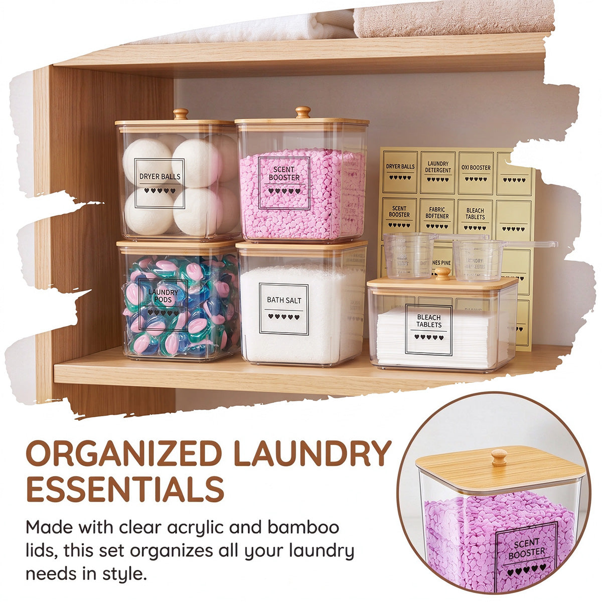 5-Piece Laundry Storage Container Set with Wooden Lids, Clear Acrylic Detergent and Laundry Pod Organizers with Labels