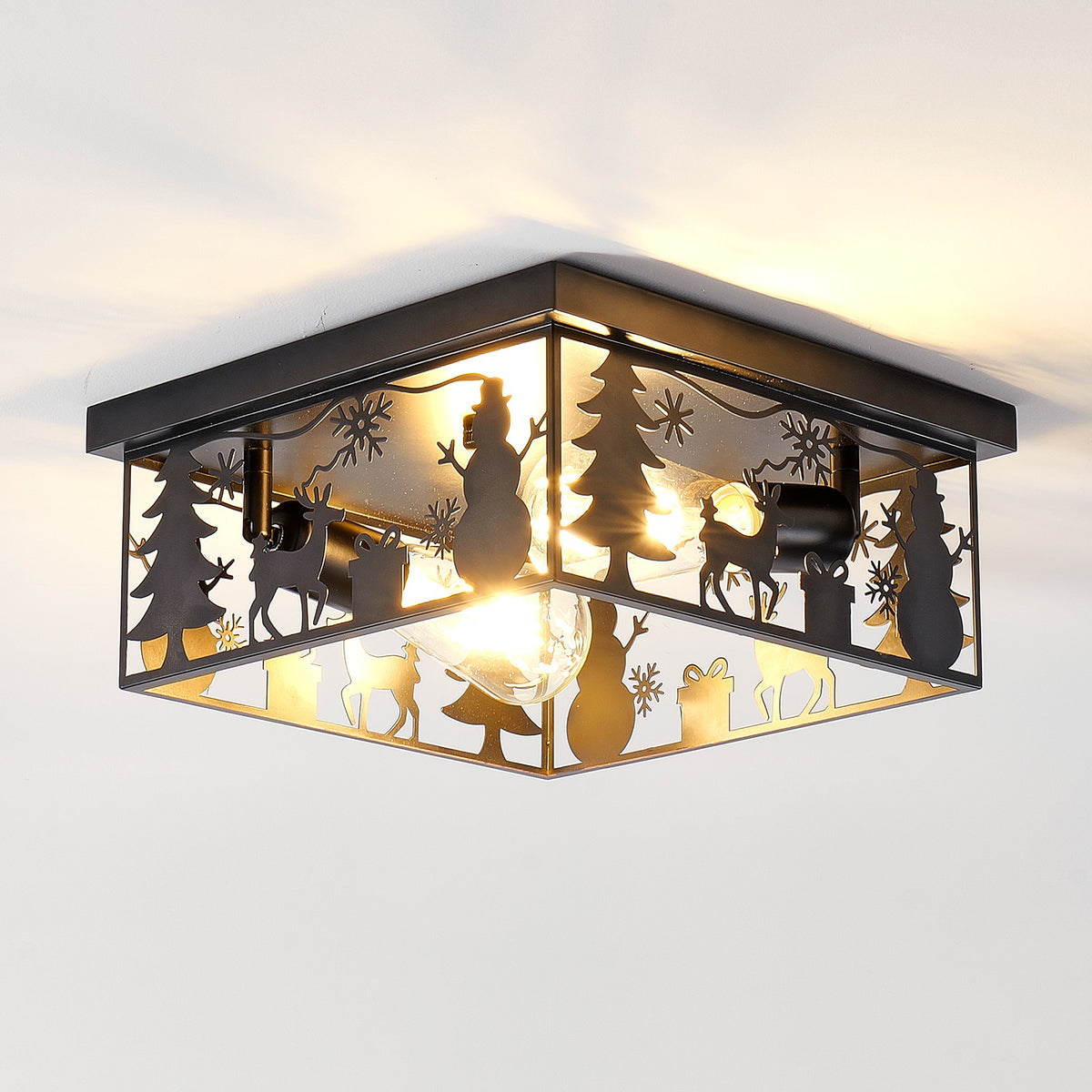 Matte Black Square Flush Mount Ceiling Light, Christmas Snowman Deer Tree Cutout Iron Ceiling Lamp, Vintage E26 Ceiling Light for Bedroom Hallway