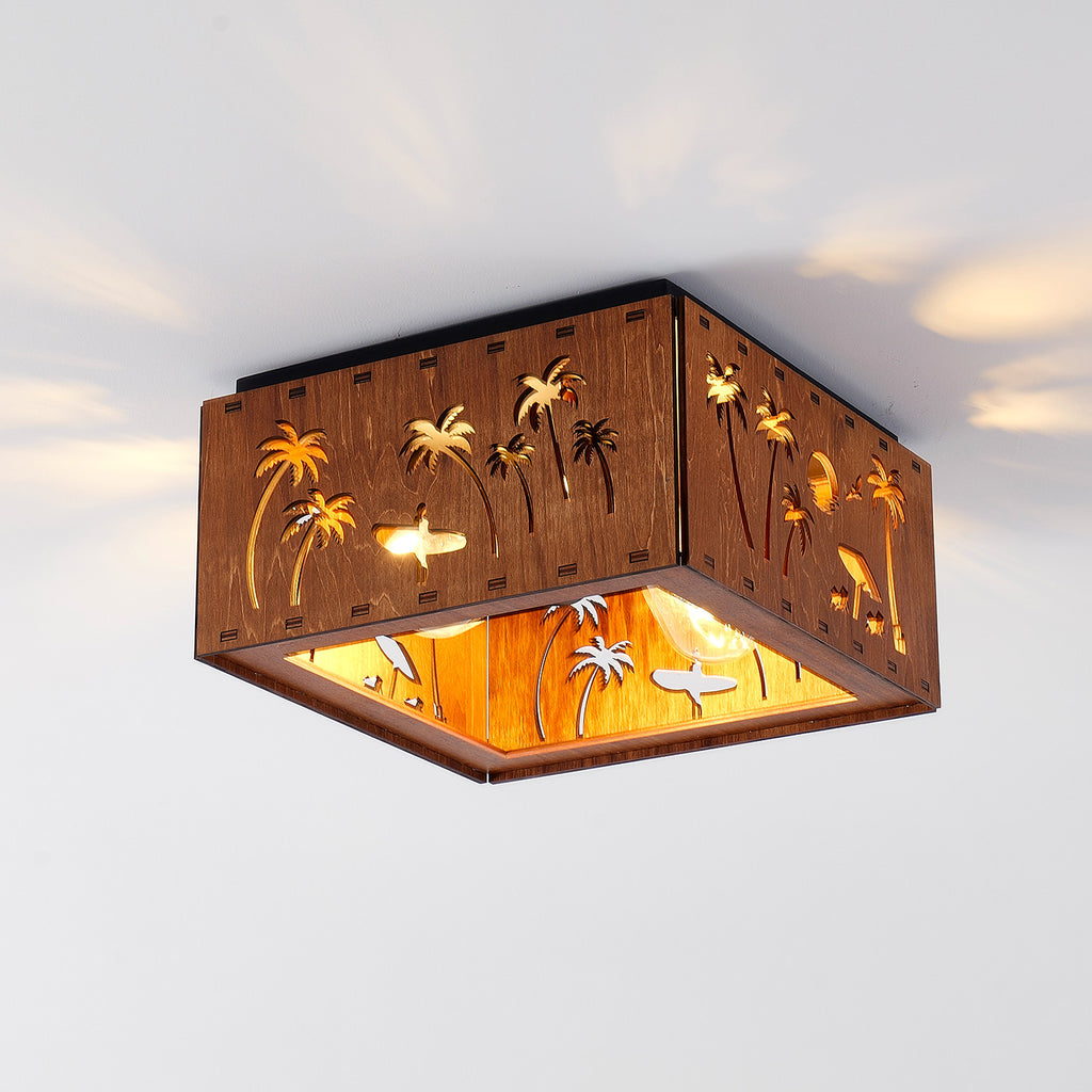 Square Walnut Flush Mount Ceiling Light, Tropical Palm Tree Cutout Wood Iron Ceiling Lamp with E26 Socket, Vintage Rustic Ceiling Light for Bedroom Hallway