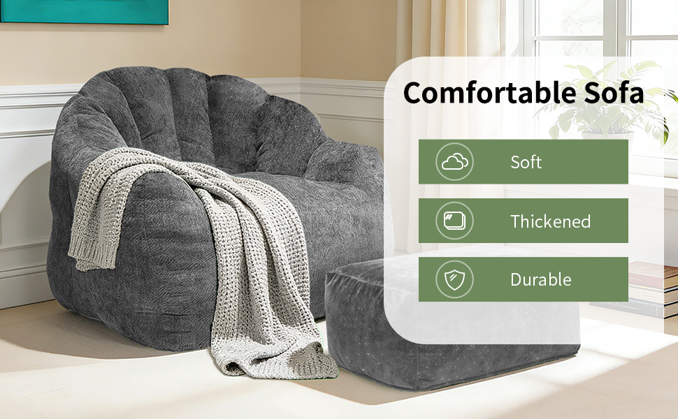 AEELLEEA Dark Grey Sparkling Plush Bean Bag Chair with Ottoman, Ergonomic Curved Sofa, High Density Sponge for Bedroom Living Room