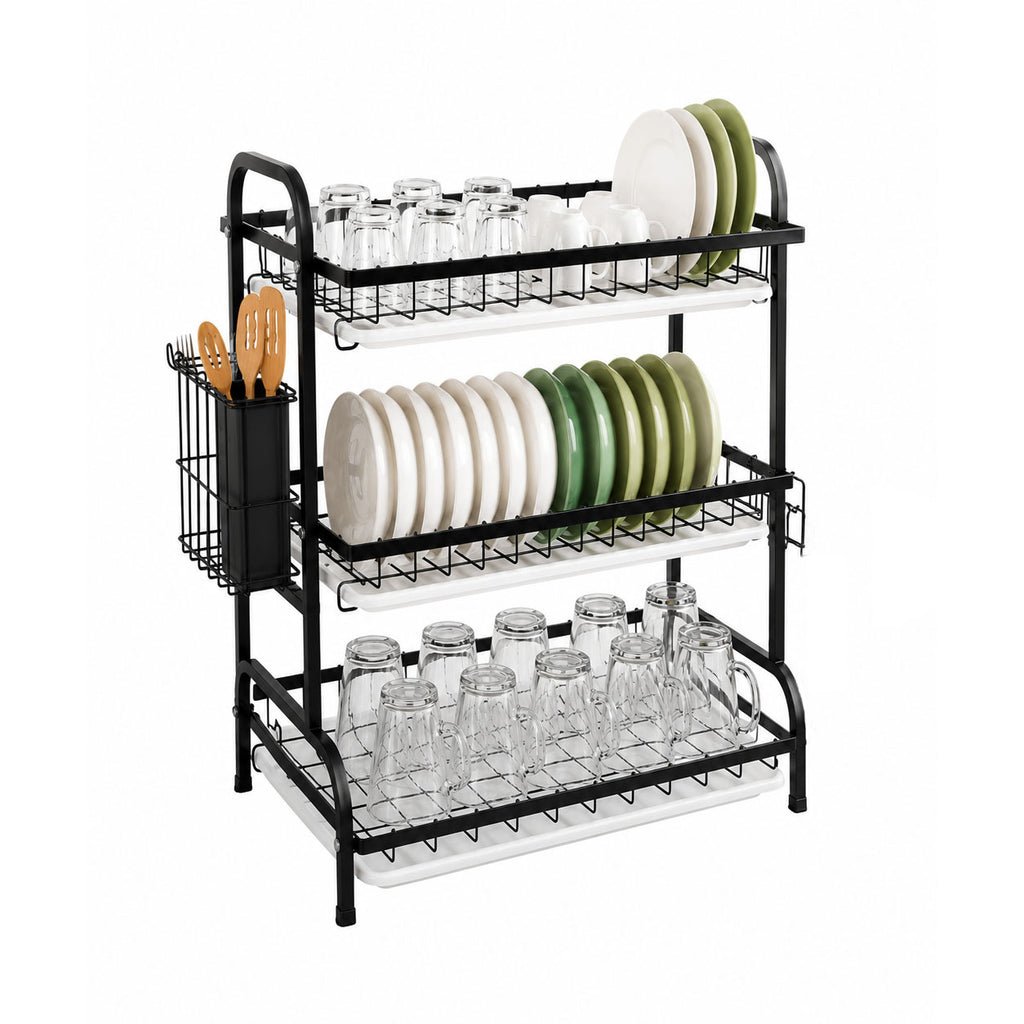 3-Tier Dish Drying Rack with Drain Tray & Utensil Holder, Kitchen Countertop Organizer for Plates, Bowls, Cups & Cutlery Storage