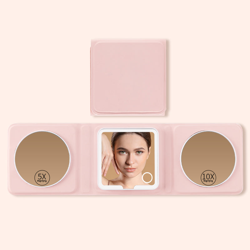 Small Tri-Fold Makeup Mirror with Lights, 10X/5X Magnifying Mirror, Rechargeable Compact Travel Mirror, Dimmable Handheld Vanity Mirror for Purse and Pocket