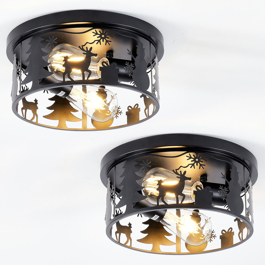 2 Pack Round Matte Black Flush Mount Ceiling Light, Christmas Snowman Deer Tree Cutout Iron Lamp, Vintage E26 Ceiling Light for Bedroom Hallway