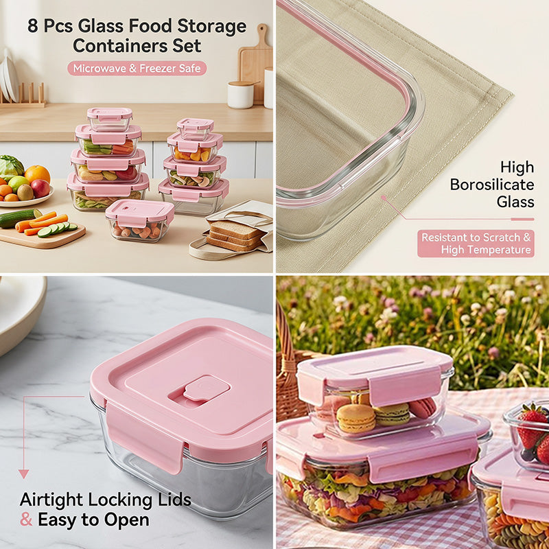 8 Pack Glass Food Storage Containers with Lids