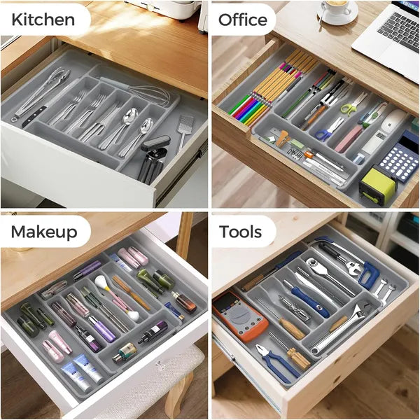 AEELLEEA Expandable Silverware Organizer Tray, Gray Adjustable Kitchen Drawer Utensil Holder for Flatware