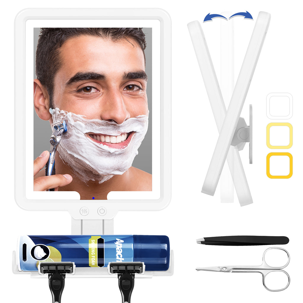 Lighted Fogless Shower Mirror for Shaving, Anti-Fog, 3 Color Dimmable, Adjustable, Razor & Foam Holder, Wall Mount