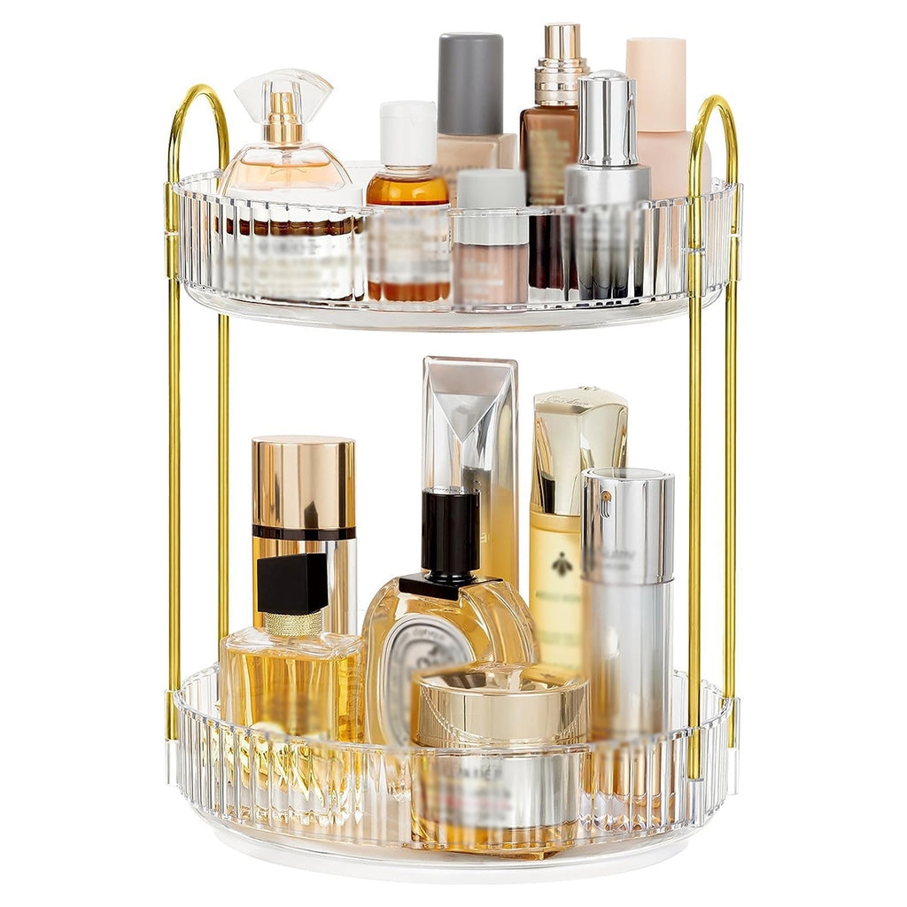 360 Rotating Lazy Susan Makeup Organizer, 2 Tiers Clear White High Capacity Cosmetic Storage for Vanity, Bathroom Countertop, Dresser, Skincare & Perfume Holder