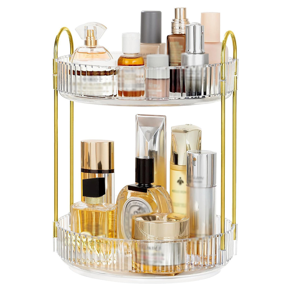 360 Rotating Lazy Susan Makeup Organizer, 2 Tiers Clear White High Capacity Cosmetic Storage for Vanity, Bathroom Countertop, Dresser, Skincare & Perfume Holder