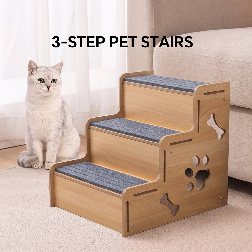 Wooden Carpeted Pet Steps, Non-Slip Dog Stairs Pet Ladder for Small Dogs, Puppies, Older Cats, Great for Couch & High Bed Access