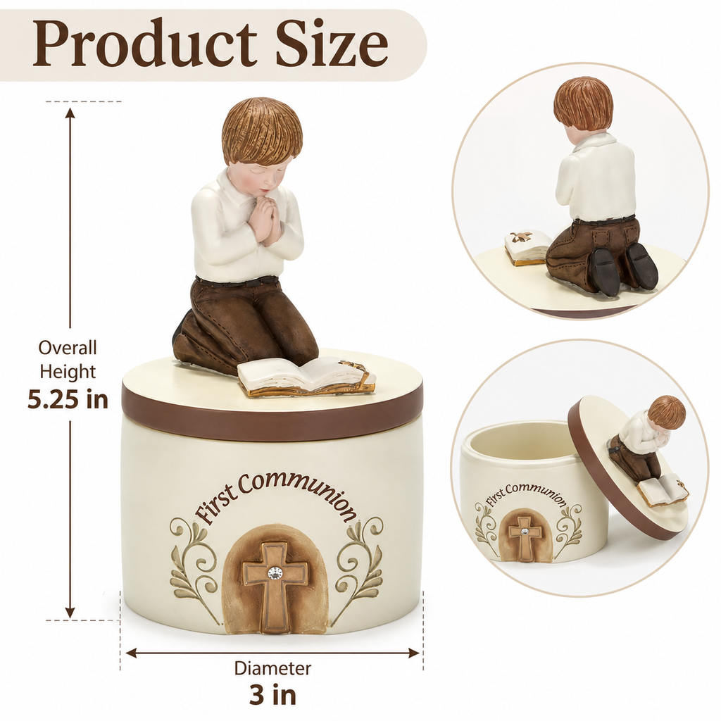 First Communion Keepsake Box with Praying Boy Figurine, Resin Religious Jewelry Storage Box, 5.25 in