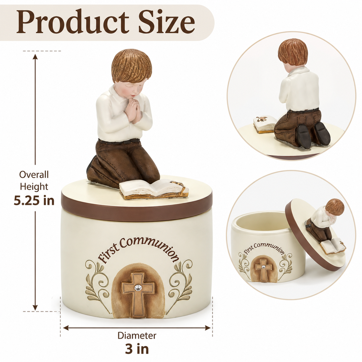 First Communion Keepsake Box with Praying Boy Figurine, Resin Religious Jewelry Storage Box, 5.25 in