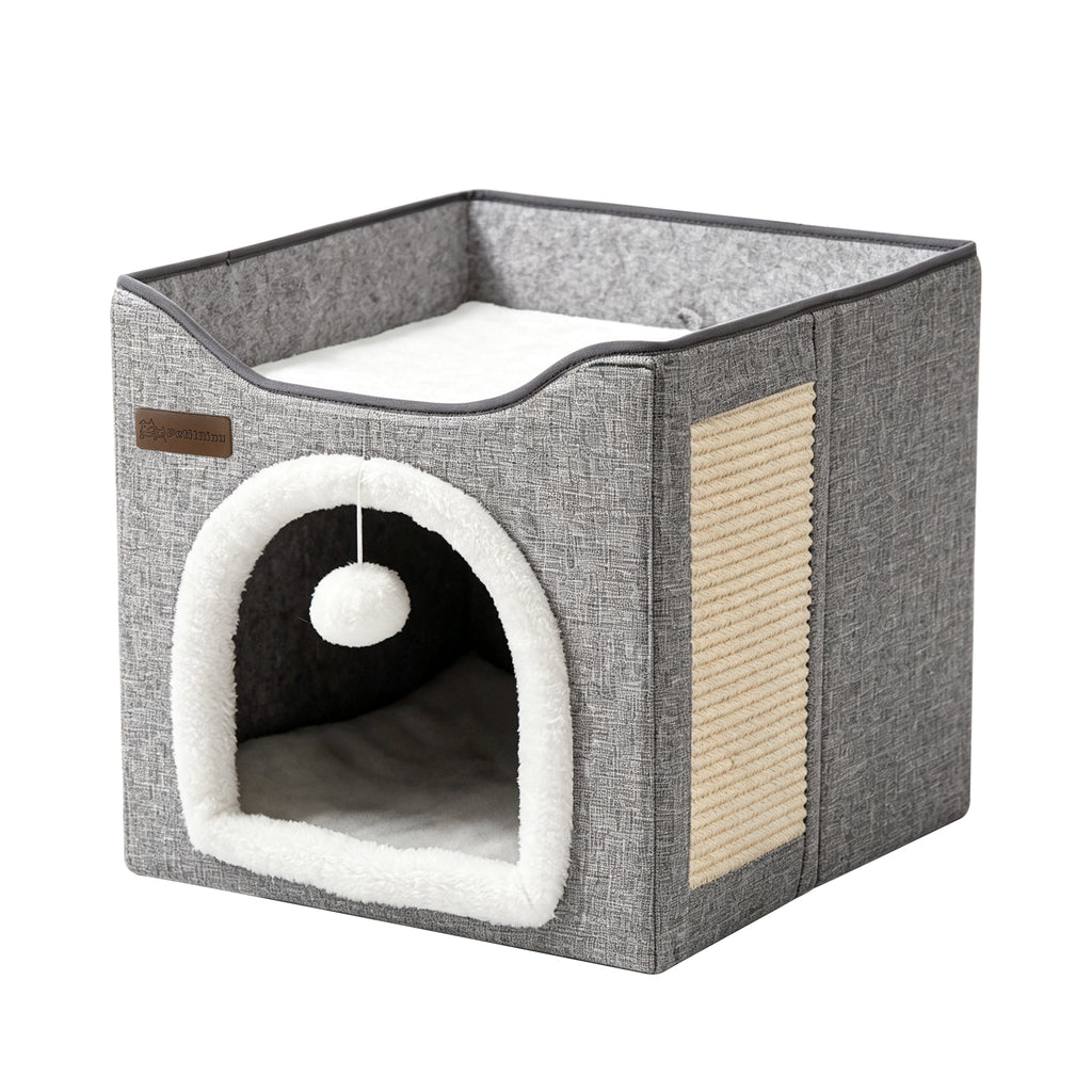 3-in-1 Foldable Cat House, Enclosed Cat Cave Bed with Scratching Pad & Hanging Pom-Pom Toy, Multi-Functional Cat Hideaway for Indoor Cats