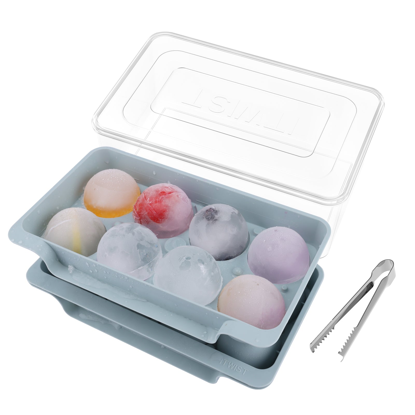 2.5" Large Round Ice Ball Mold with Container & Tongs, 8 Pack Big Sphere Ice Cube Tray for Whiskey Bourbon Cocktail