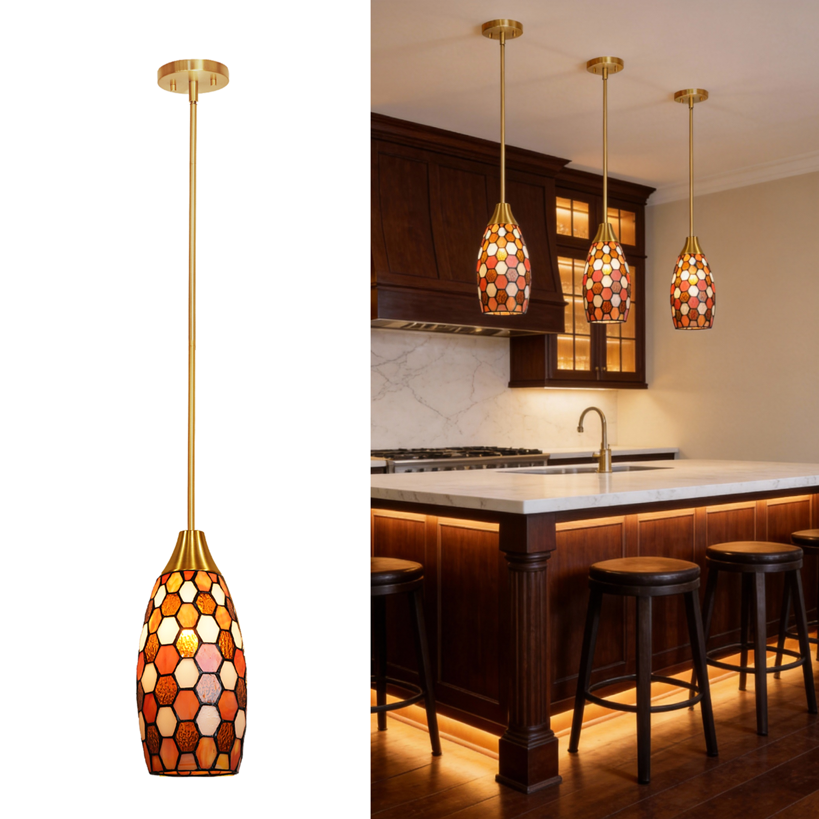 ALUCSET Brown Tiffany Pendant Light, 4.8"W×7.8"H Victorian Style Hanging Lamp for Dining Bedroom Living Room