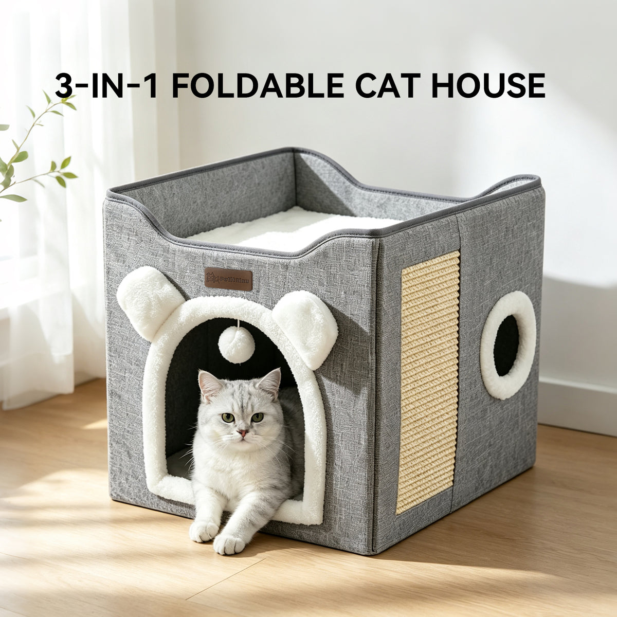 3-in-1 Foldable Cat House with Sisal Scratch Pad & Hanging Toy, Enclosed Cat Cave Bed and Elevated Cat Condo for Indoor Cats
