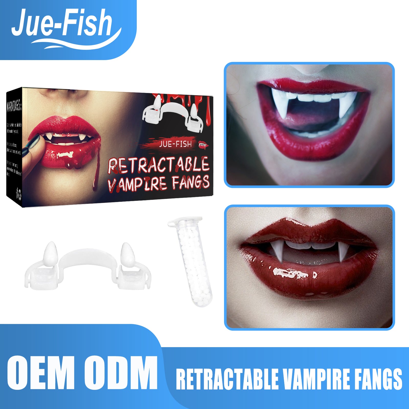 Jue Fish Retractable Vampire Fangs, Reusable Realistic Fake Teeth Cosplay Prop with Dental Glue for Halloween Party