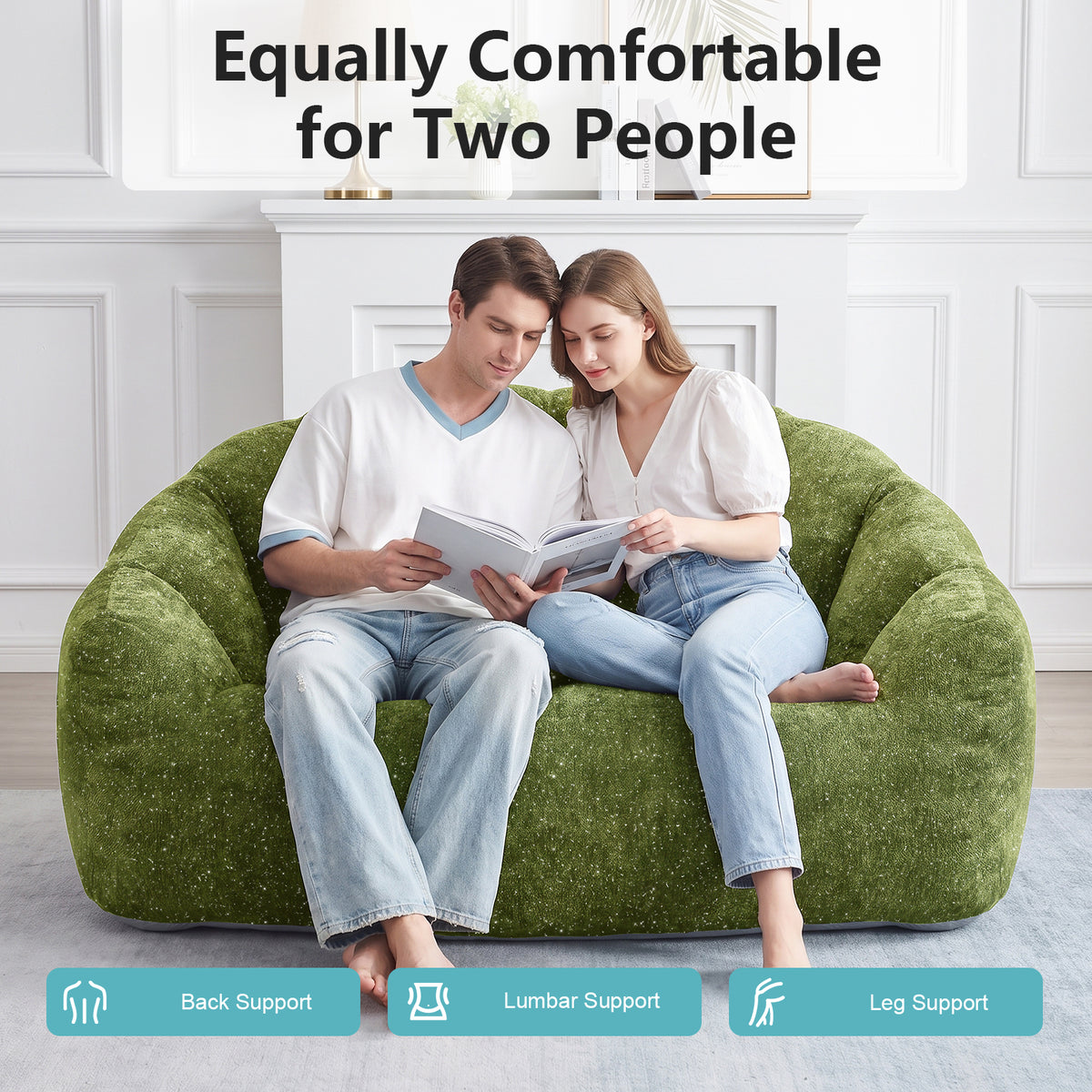 AEELLEEA 55" 2-Seater Floor Sofa, Plush Foam Bean Bag Couch with Deep Seat, Non-Slip Bottom, No Assembly, Green