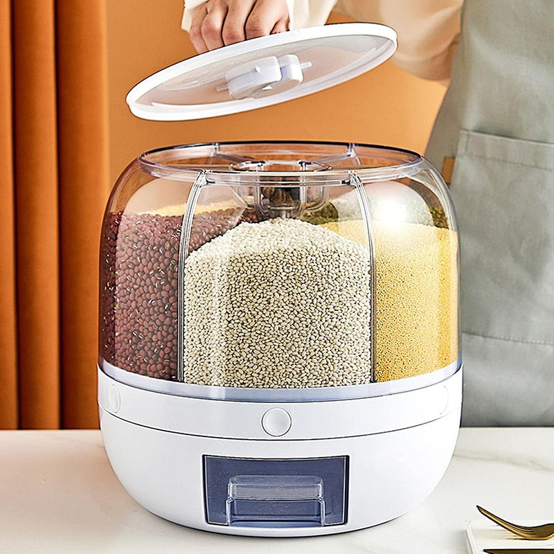 Rotating Rice Dispenser, 6-Grid Cereal Dispenser and Grain Storage Bin, One-Click Dispensing Food Storage Container, Airtight Moisture-Proof Organizer, Small