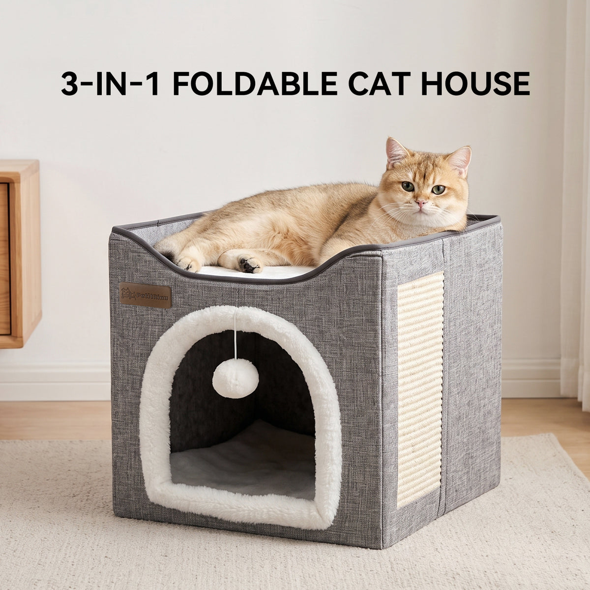 3-in-1 Foldable Cat House, Enclosed Cat Cave Bed with Scratching Pad & Hanging Pom-Pom Toy, Multi-Functional Cat Hideaway for Indoor Cats