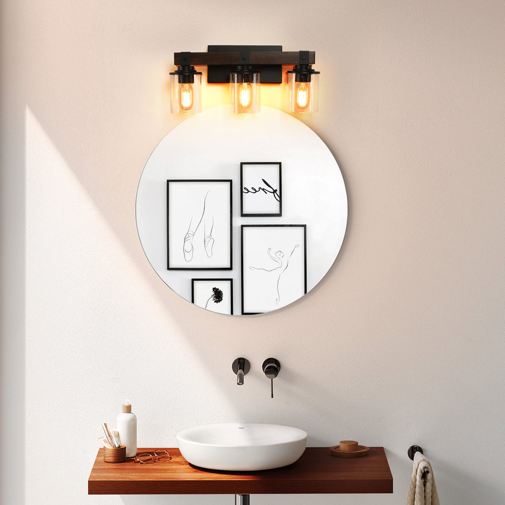 3-Light Vanity Mirror Lighting, Solid Wood Lamp Pole, Iron Base & Lamp Cup Connector, Glass Lampshade, Matte Black Metal Frame with Walnut Finish, Makeup Lights for Dressing Table Bedroom Bathroom Decor