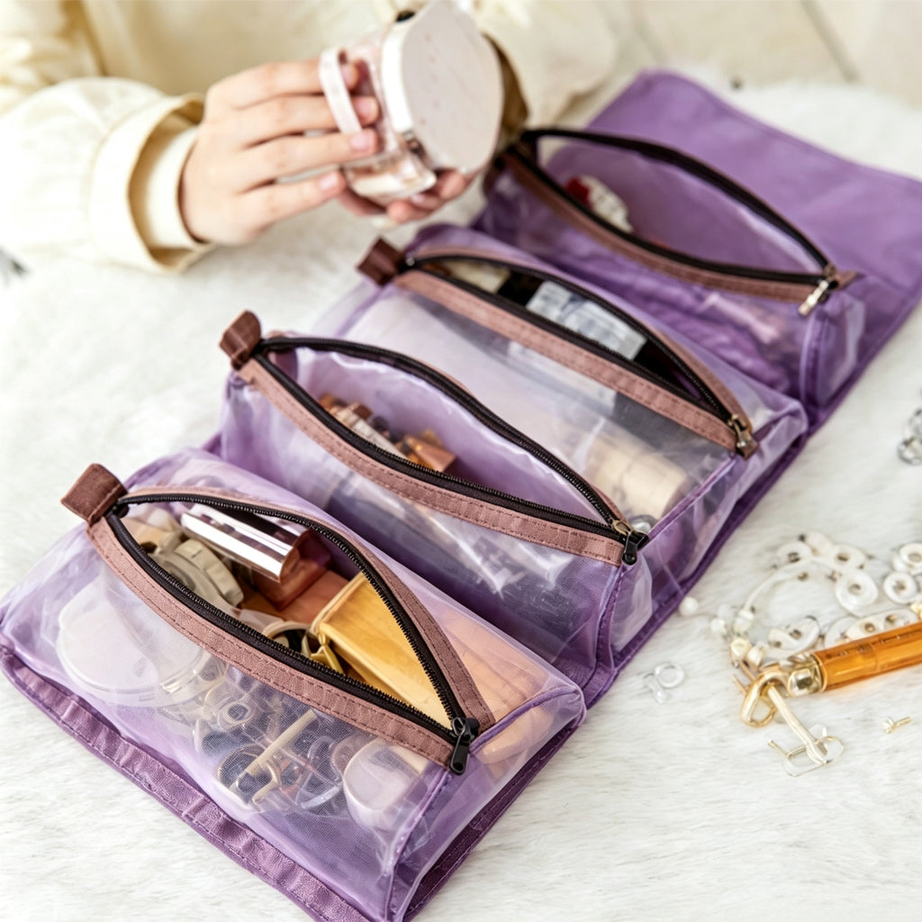 Roll Up Travel Makeup Bag with 4 Detachable Mesh Pouches, Portable Foldable Cosmetic Toiletry Organizer for Vacation & Daily Use