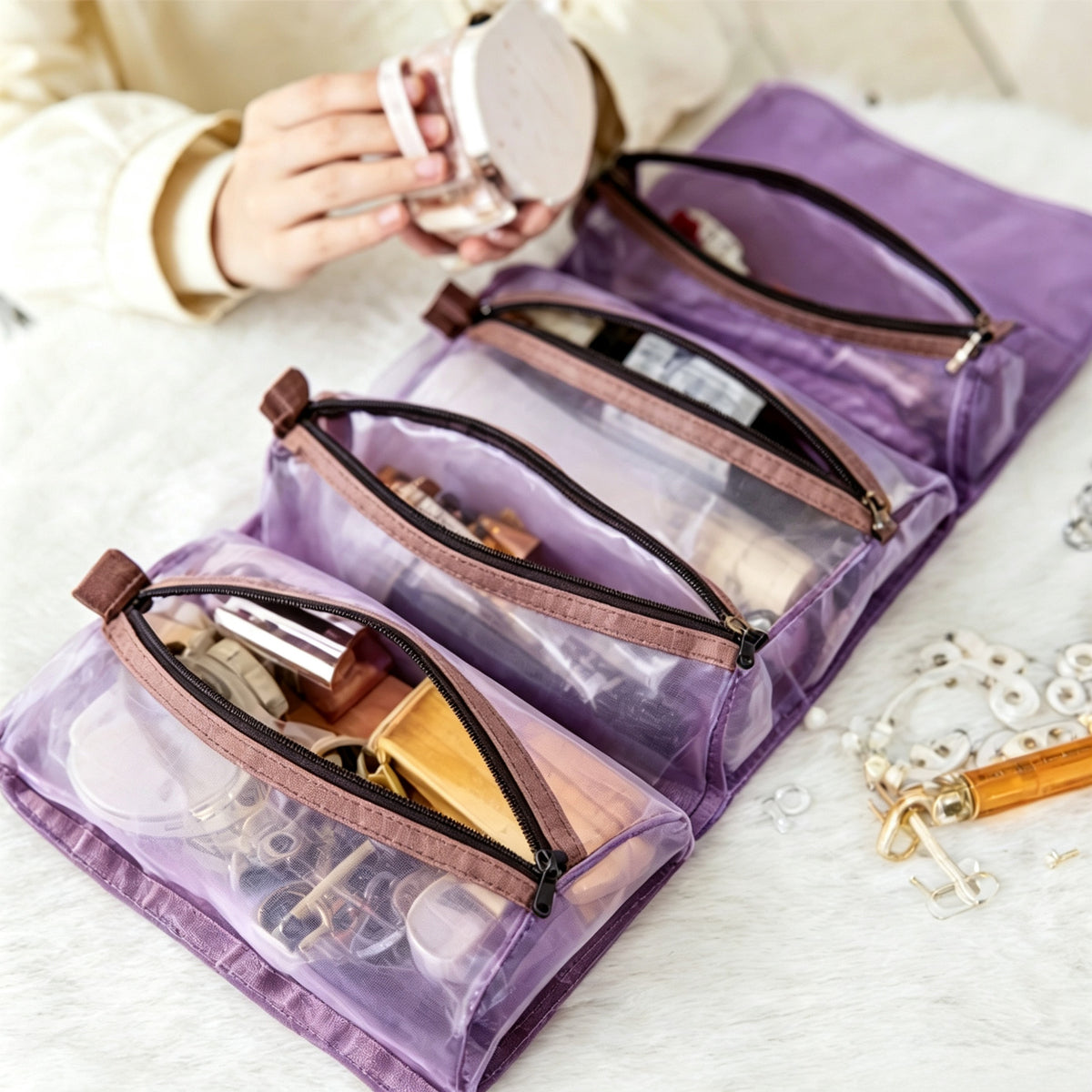 Roll Up Travel Makeup Bag with 4 Detachable Mesh Pouches, Portable Foldable Cosmetic Toiletry Organizer for Vacation & Daily Use