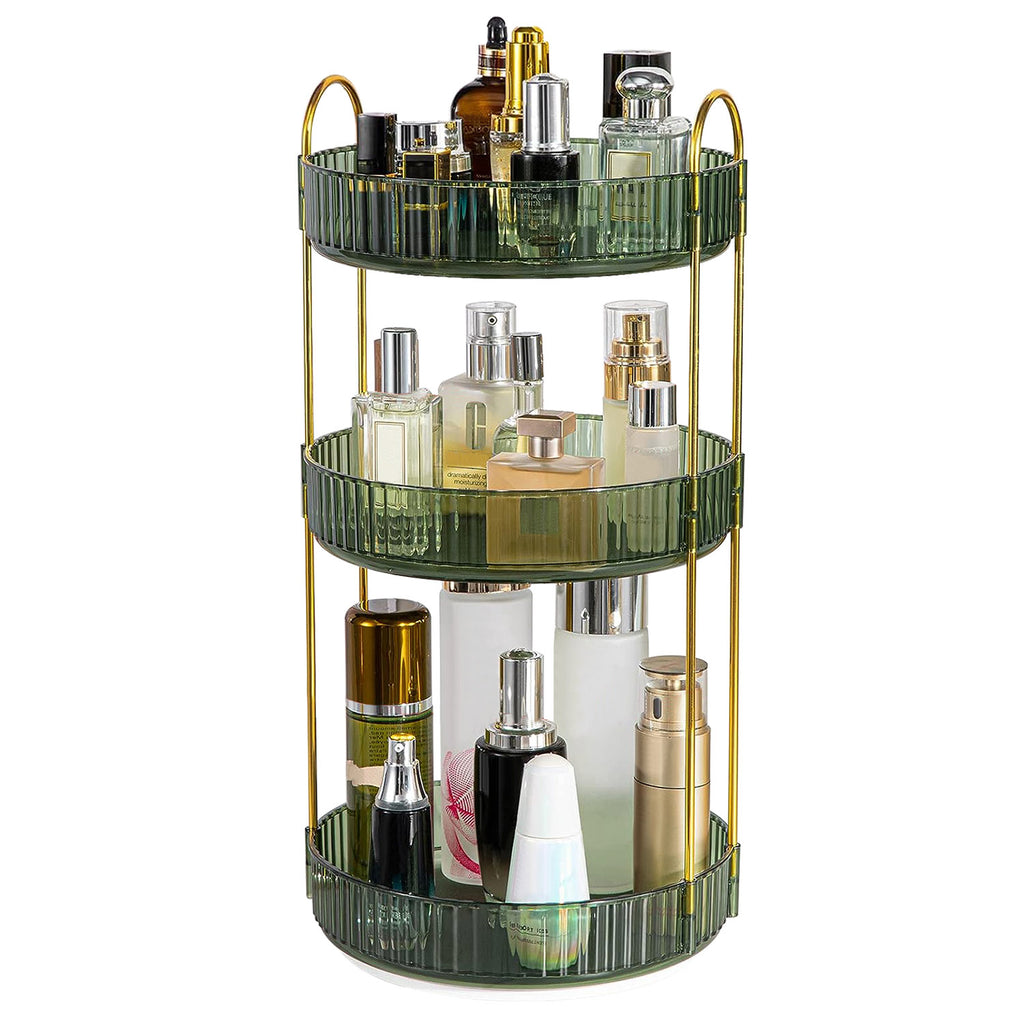 Aeelleea 3-Tier Rotating Makeup Organizer, Round Green Cosmetic Storage Tray, 360° Spinning Skincare Holder for Bathroom Vanity