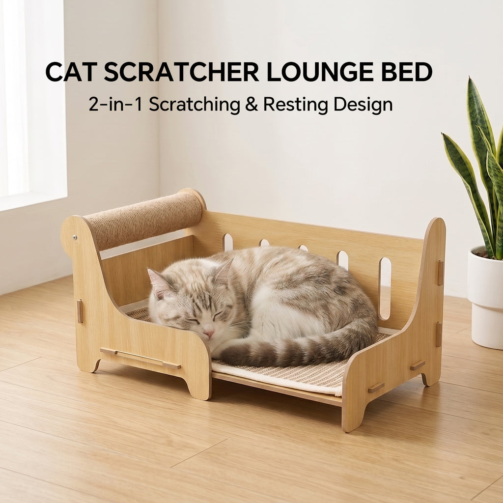 Cat Scratcher Couch Bed with Sisal Scratching Post, Wooden Cat Lounge Furniture for Indoor Cats