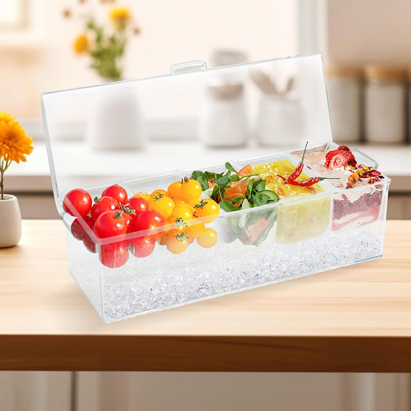 Chilled Condiment Server, condiment tray, bar garnish holder on ice, removable trays, with lid, stainless steel spoons forks clip, bar accessories, fruit salad storage