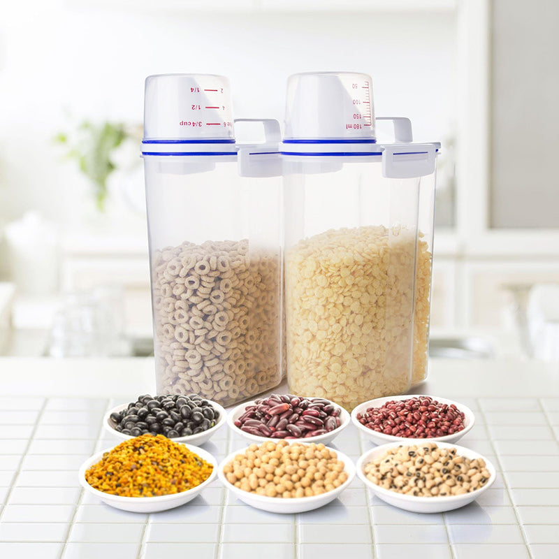 Airtight Cereal Containers Set of 4, 2.5L Plastic Food Storage Containers with Dispenser & Measuring Cup, Leakproof Canisters for Rice Flour Grain Oatmeal, Dry Pantry & Pet Cat Dog Food
