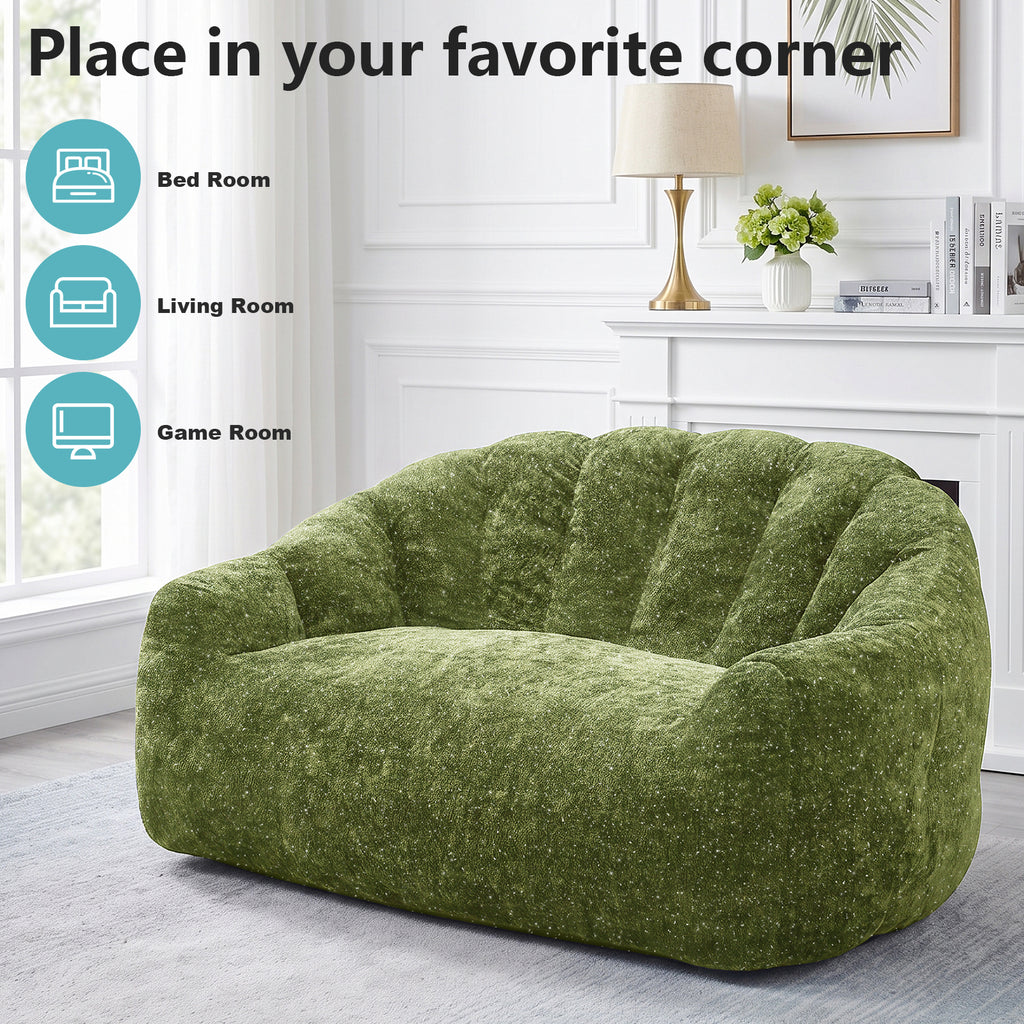 AEELLEEA 55" 2-Seater Floor Sofa, Plush Foam Bean Bag Couch with Deep Seat, Non-Slip Bottom, No Assembly, Green