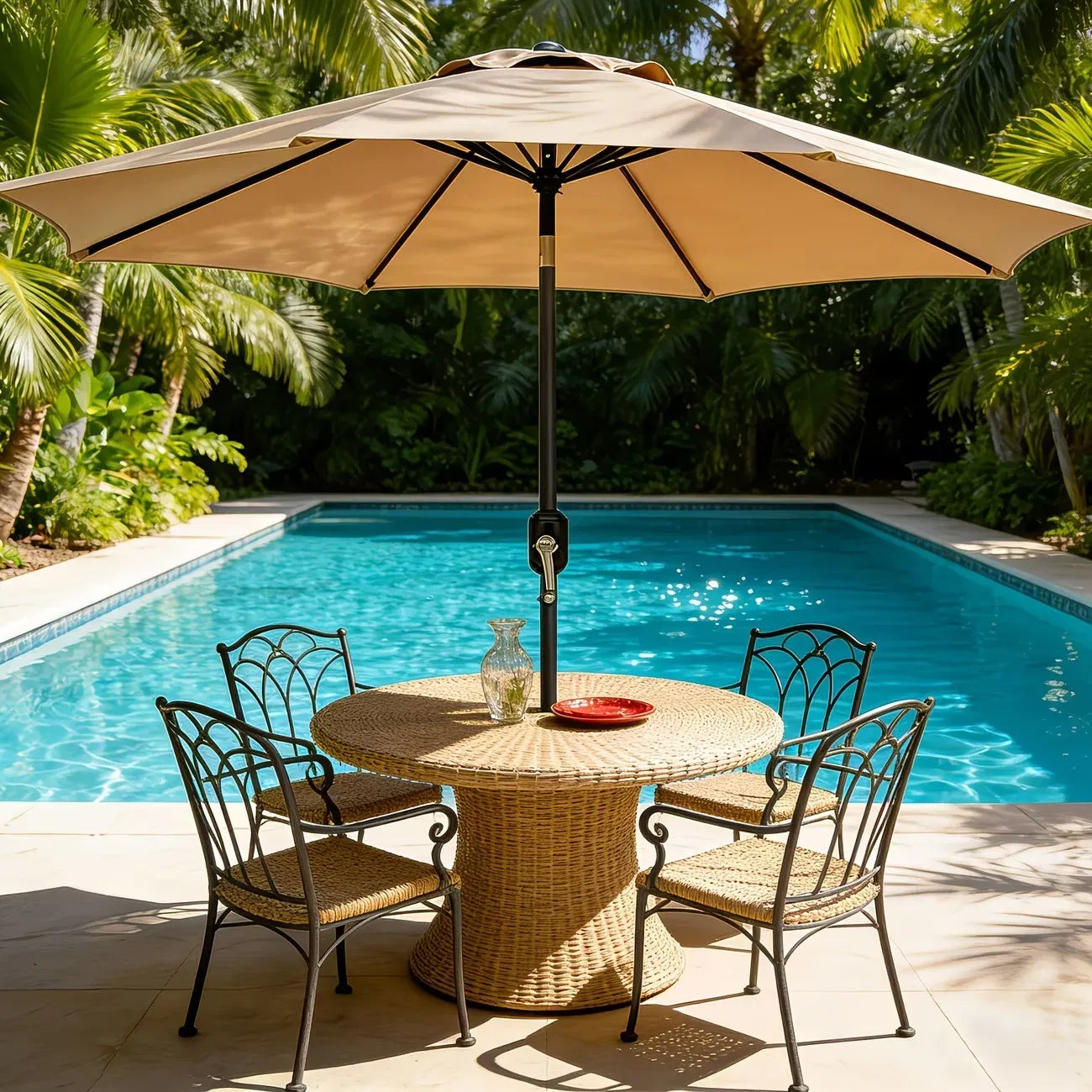10ft Patio Umbrella with Base, Outdoor Market Umbrella, Tilt & Crank, UPF 50+ Sun Protection for Patio, Pool, Deck & Beach