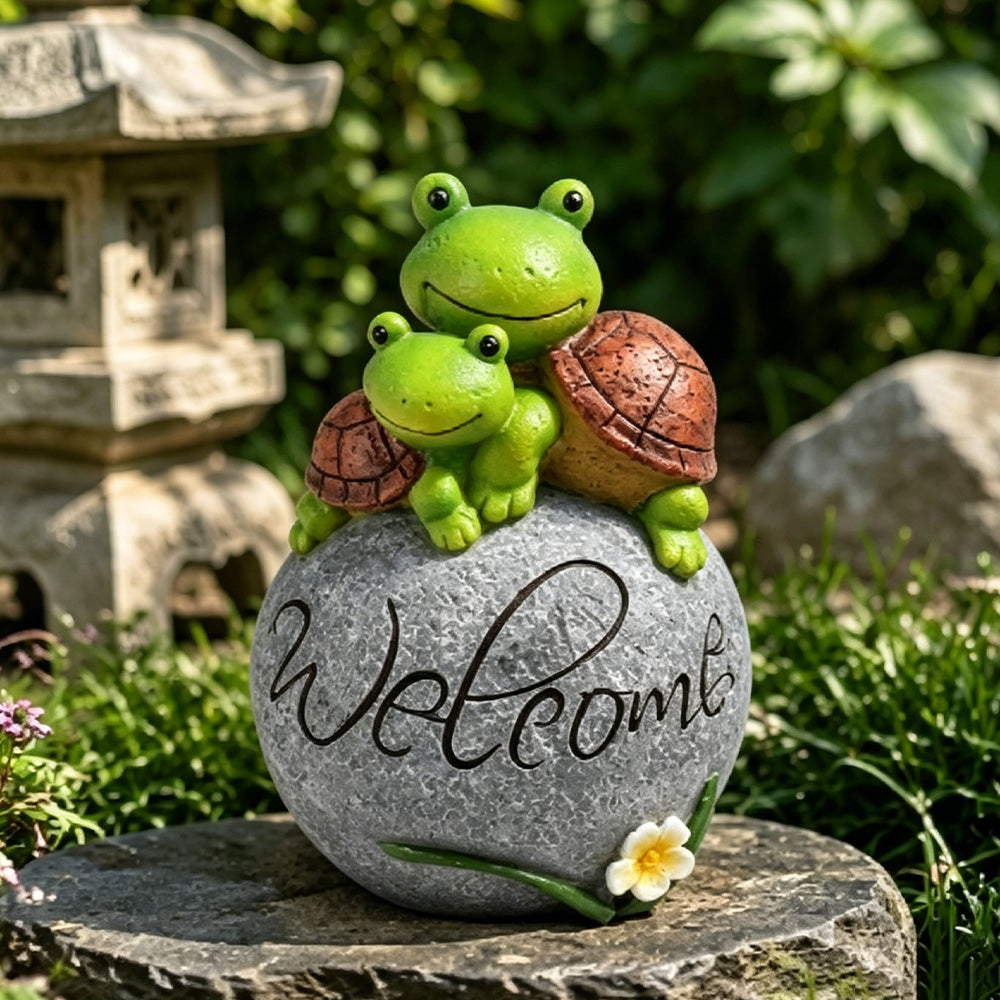Two Welcome Turtle Statues on Rock, Resin Garden Lawn Ornament, Outdoor Sculpture Decor for Yard, Patio & Lawn, 8 x 5.5 Inches