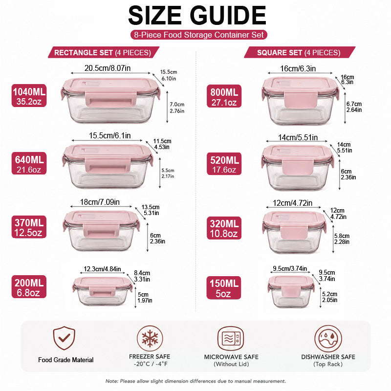 8 Pack Glass Food Storage Containers with Lids