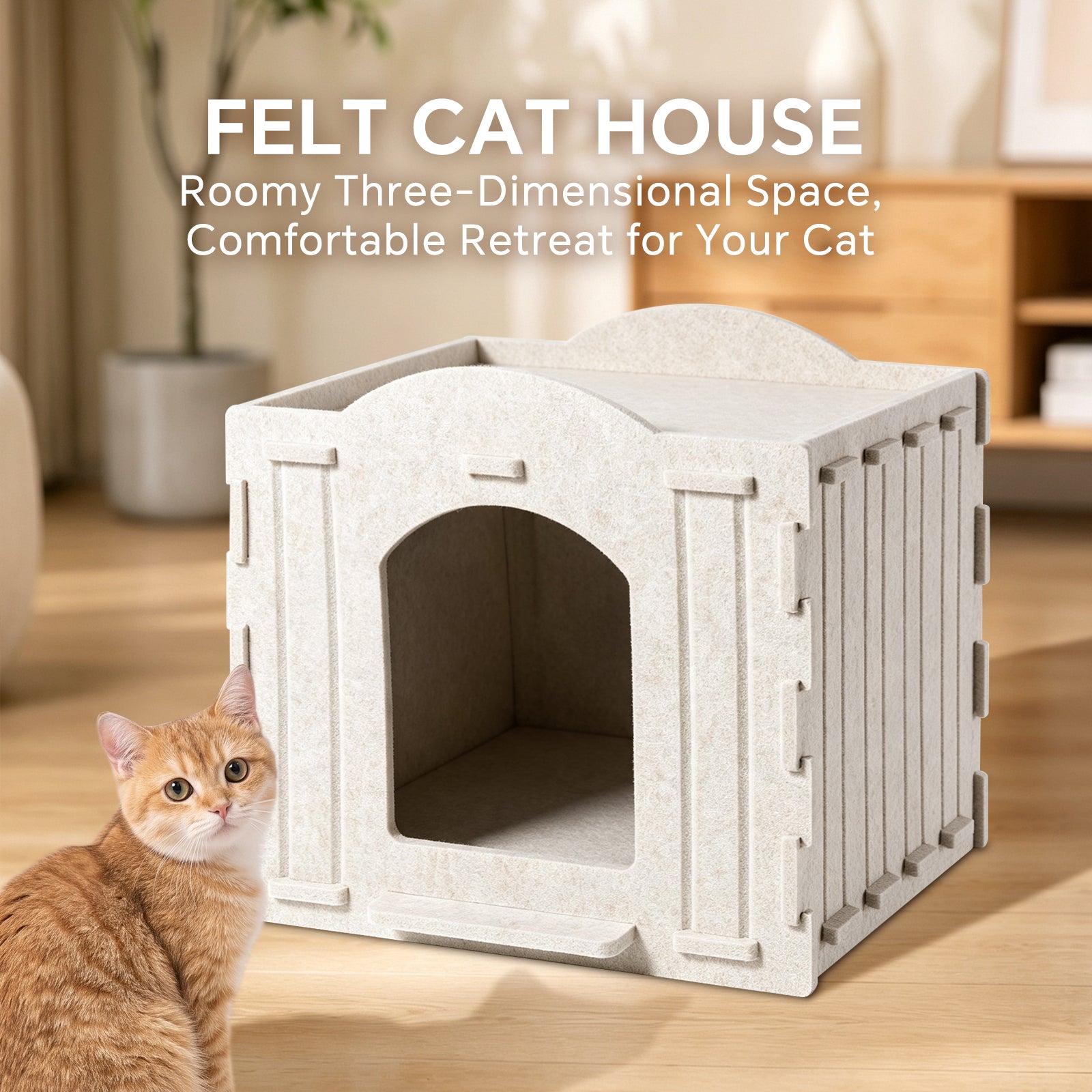 Foldable Felt Cat House Bed with Hanging Ball, Scratch Resistant Hideaway Cave for Indoor Cats and Timid Cats, Cozy Cat Nest with Dual Entrances