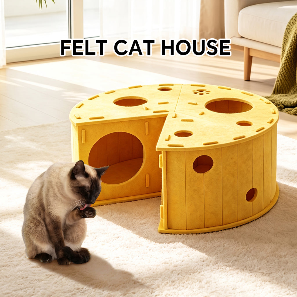Felt Cat Tunnel Bed with Scratcher and Interactive Hanging Toy Ball, Cheese-Shaped Cat Tunnel House for Play, Rest & Hideaway