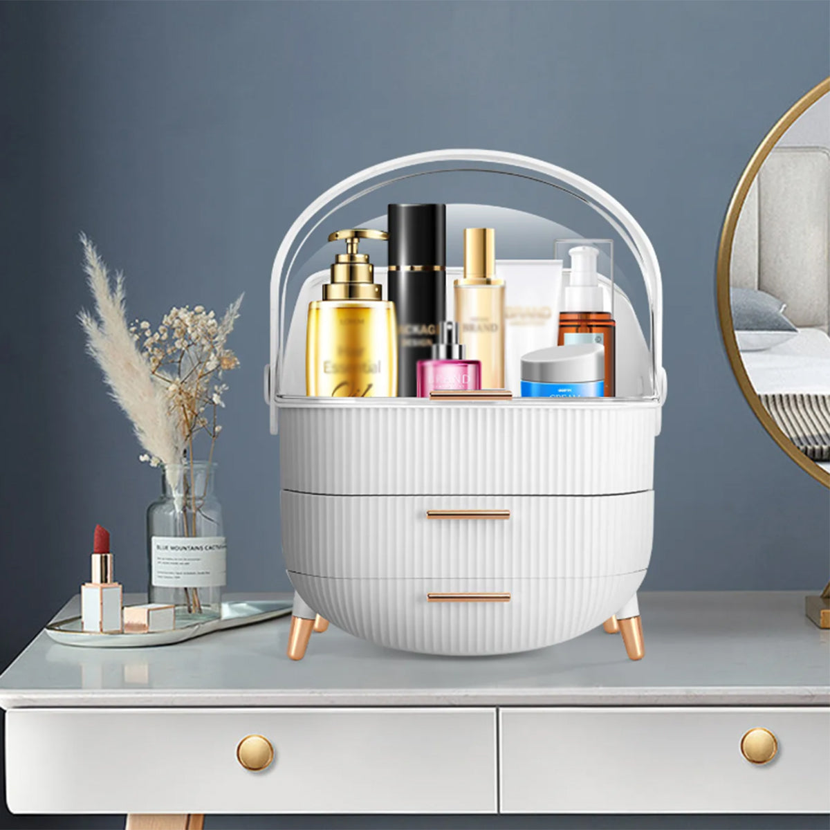 Makeup Organizers and Storage, vanity makeup organizer, cosmetic skincare storage, with lid and drawers, display case, countertop, white