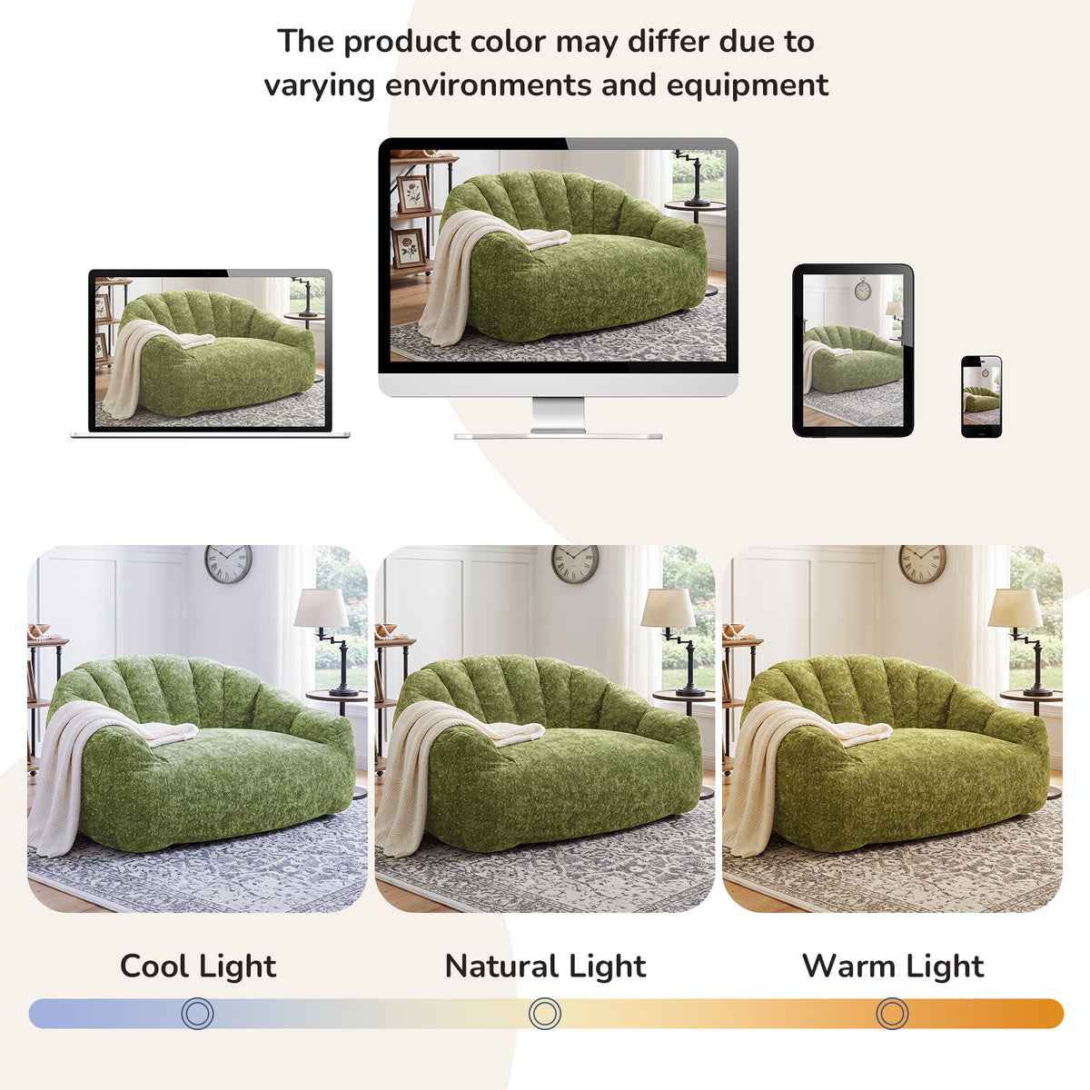 AEELLEEA 55" 2-Seater Floor Sofa, Plush Foam Bean Bag Couch with Deep Seat, Non-Slip Bottom, No Assembly, Green