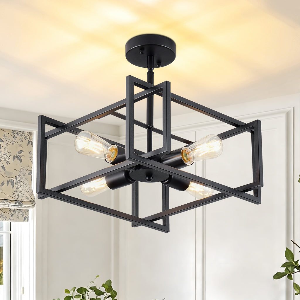 4-Light Semi Flush Mount Ceiling Light, Industrial Black Metal Square Cage Chandelier, Farmhouse Geometric Ceiling Lamp for Bedroom Living Room Hallway Entryway Home Decor